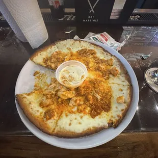 Buffalo chicken pizza on cauliflower crust!