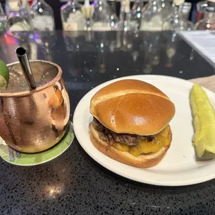Moscow mule, smash burger. Salt-watered vinegar cumcumber :-)