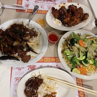 Mongolian Beef, Orange Chicken, Hong Kong Style Vegetable Chow Mein
