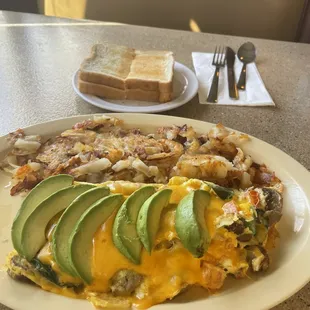 Omelette with hash brown and butter toast