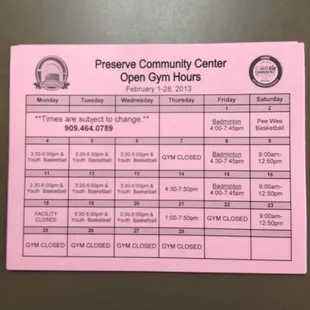 Open Gym hours for Frb 2013