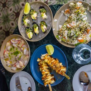 Little Gem, Scallop Ceviche, Chilled Mussels, Cabbage Skewers (tasted like okonomiyaki )