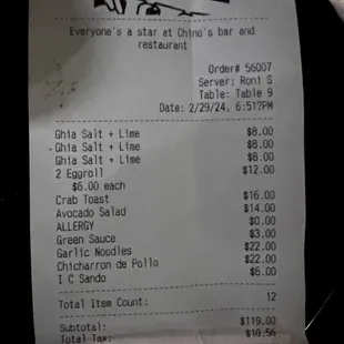 Thursday night receipt