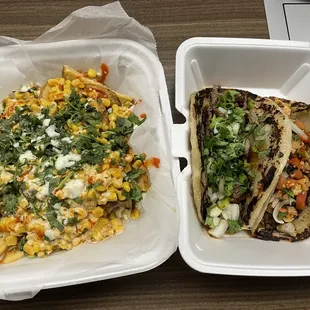 elote fries (left), mongolian beef fusion style taco, firecracker chicken fusion style taco