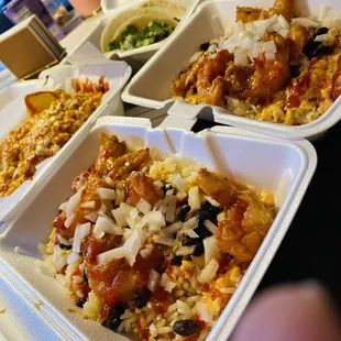 Loco Shrimp Bowl x2 Elote Fries  Carnitas taco on flour tortilla  Mongolian Beef taco on flour tortilla. *Get corn tortilla next time!