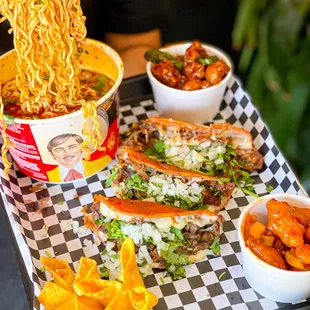 Birria Ramen with extra Quesabirrias and single Chinese sides