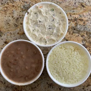 potato salad, rice, and beans