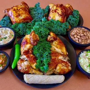 Jumbo Meal : 3 whole chickens , Xl rice , Xl beans , Xl potato . Tortillas and Salsa (feeds 6-9)