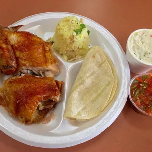 Lunch special : two pieces of chicken , small rice beans and potato salad , tortillas flour or corn , salsa and free medium drink