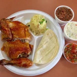 dinner special: half chicken , small rice beans and potato salad, tortillas flour or corn , salsa and free medium drink