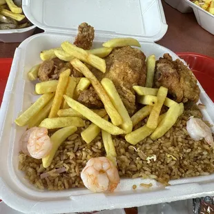 Fried chicken,French fries,&amp; fried rice