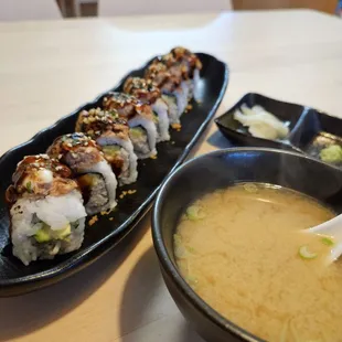 Boss sushi roll oh yes... delicious must try fresh , clean amazing.  Miso soup also yummy