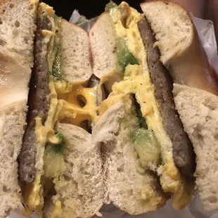 Sausage egg and cheese on a bagel with avocado ($5.50)