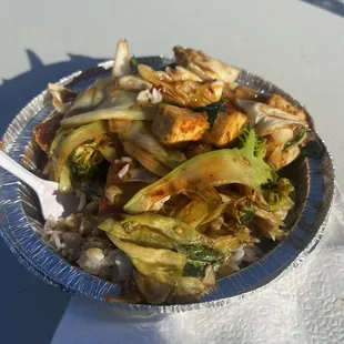 Fried tofu and vegetables with rice in a mild sauce