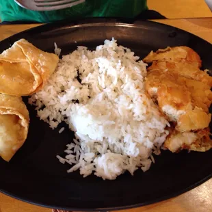Kid's Smiling Lotus plate with lemon chicken, white rice, and 2 cream cheese puffs