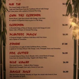 Tiki drink menu.