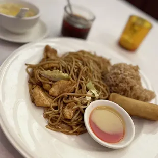 a plate of noodles, chicken, and sauce