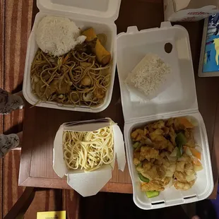 Sweet and Sour Chicken. Pan Fried Soft Noodles combo. Order didn't come w utensils or even a napkin. We ordered from legoland