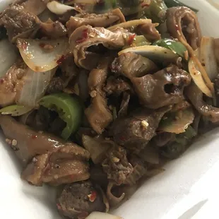 beef and peppers in a styrofoam container