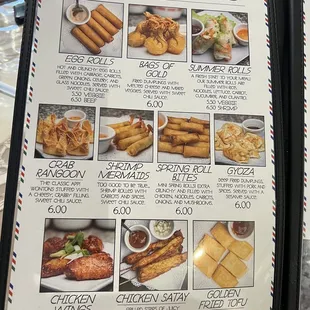 a menu for appetizers