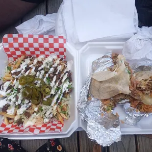 Carne asada burrito (ripped apart with hands lol) and Carne asada fries