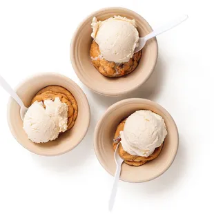 "Chipzookie" -- Warm cookie + ice cream! Create your own concoction with any of our toppings including toffee, caramel, nutella...