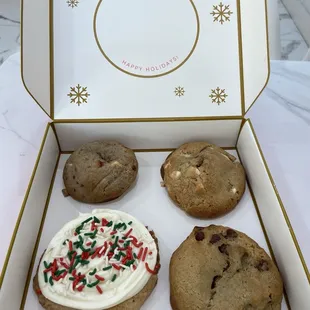 (Top to bottom, left to right) raspberry cheesecake, biscoff, cream cheese sprinkle, chocolate chip.