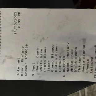 That's my receipt with the food I had ordered