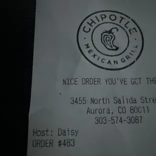 Receipt with cashiers name.