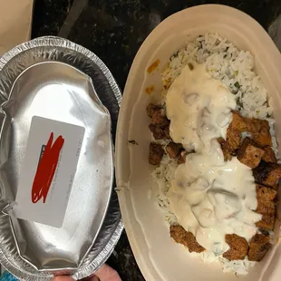 "Double Protein" steak bowl with white rice and queso.