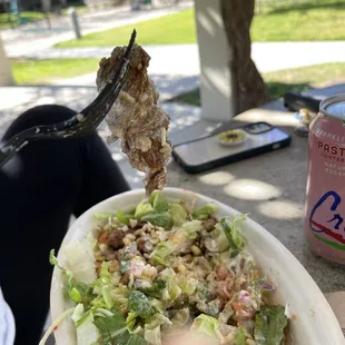 Clumps of steak all stuck together.