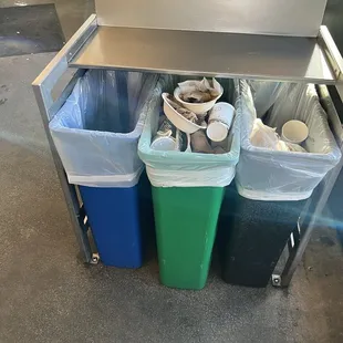 Inside trash bins.