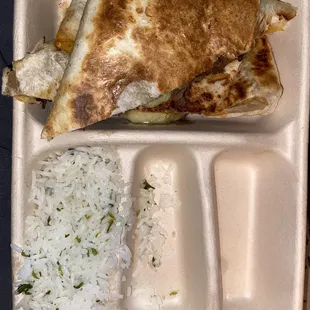 Beef Barbacoa Quesadilla with rice (left out my corn and tomato salsa)