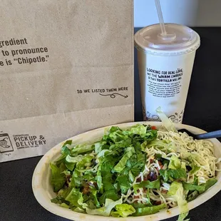 Chicken burrito bowl and a watermelon lemonade