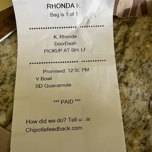 Door dash receipt with my order