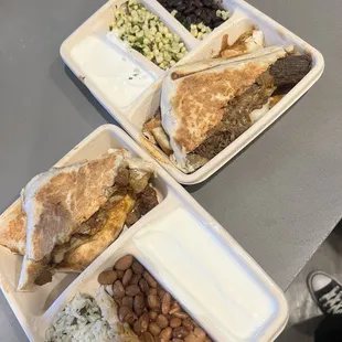 Steak quesadilla and barbacoa quesadilla