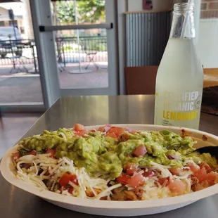 Chicken burrito bowl and lemonade