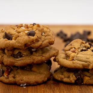 a stack of chocolate chip cookies