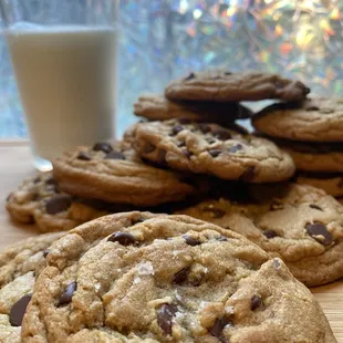 chocolate chip cookies and a glass of milk