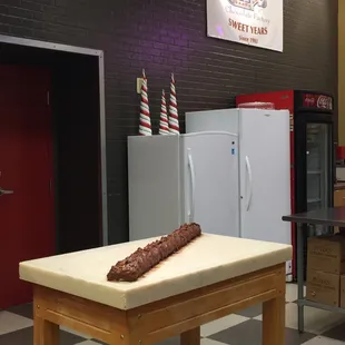 a table with a loaf of chocolate on it