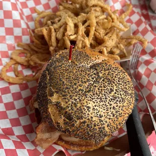 Pepper Jack Cheeseburger with pickles and bacon and shoestring onions - Delicious !!!