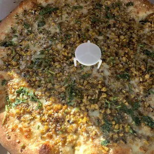 White girl pizza with fresh roasted corn delicious