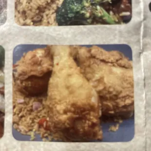 Fried chicken with fried rice.