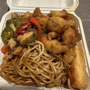 Combo Meal - Jalapeno Chicken, Orange Chicken w Lo Mein and Egg Roll