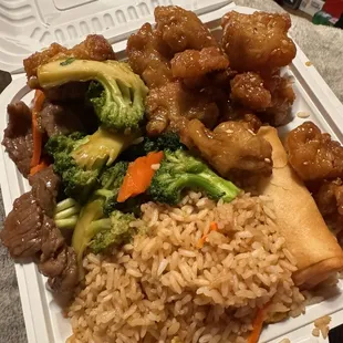 Rice, Beef, Carrot and Broccoli, Sesame Chicken