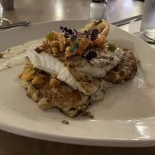 Halibut atop a wonderful polenta cake - lovely entrée!
