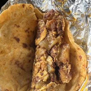 Chorizo, potatoes and egg breakfast taco