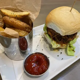 a pulled pork sandwich with fries and ketchup