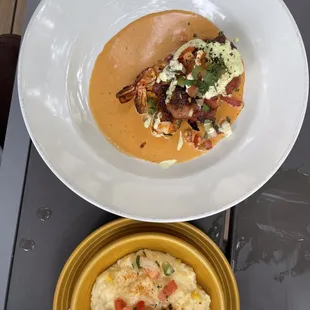 Shrimp from appetizer menu, along with grits