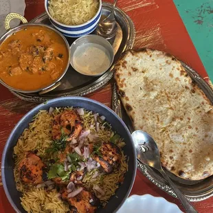 Chicken Tikka Masala at top then chicken biryani tandoori style &amp; garlic cheese naan